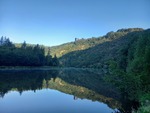 13.07.2025: Saar - Saar unterhalb des Aussichtspunktes Cloef am Morgen; in Bildmitte der Aussichtsturm des Baumwipfelpfades